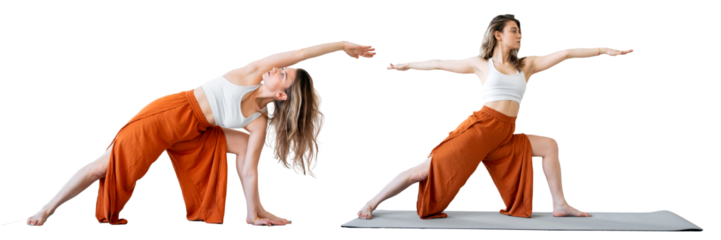 A female trainer on a mat performs yoga exercises on a transparent background.