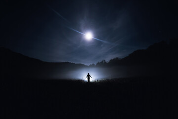 The girl's silhouette is far away in the thick fog that creeps over the ground. Mist is mystical in...