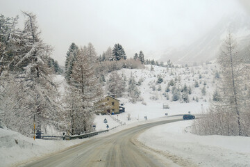 Winter road to Bormio ski resort, Lombardy region, Italy