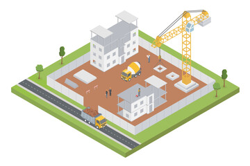 Isometric building construction with crane, equipment, machines and builders. City is under construction. Vector illustration concept.