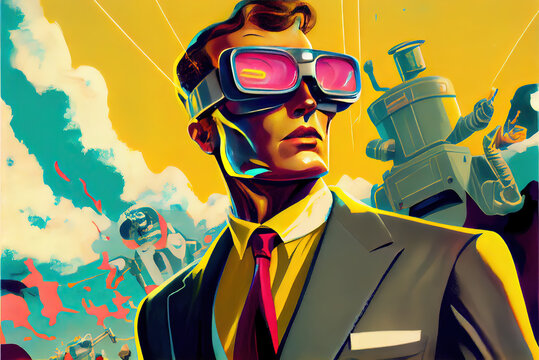 Retro future businessman with VR goggles by generative AI