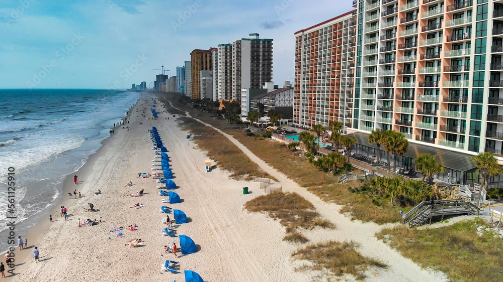 Wall mural Aerial view of Myrtle Beach, South Carolina. Buildings and beach at sunset