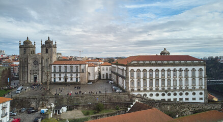 Aerial view of the Episcopal Palace and Se Cathedral in Porto. High quality photo