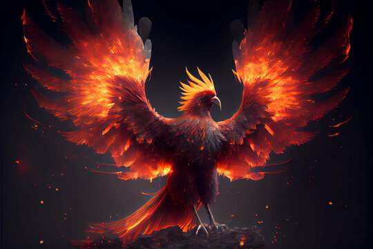 Generative AI Illustration of fire phoenix bird with spread wings. Fantasy background digital art.