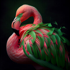 Fototapeta premium Flamingo with a green feather, generative ai