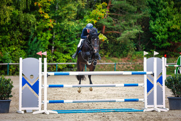 Jumping horse and rider jumping over a moat in M ​​jumping..