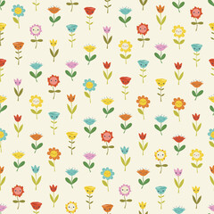 Bright flowers with kawaii faces, seamless vector pattern