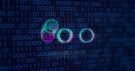 Image of neon circles over binary code on digital screen