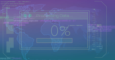 Composition of data processing and world map on purple background