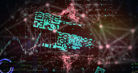 Image of qr code over graph and data processing on black background