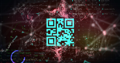 Image of qr code over graph and data processing on black background