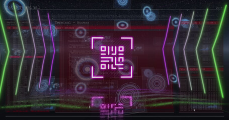 Image of qr code over scope scanning and data processing on black background