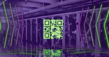 Image of yellow qr code and neon lights over networks and computer server room