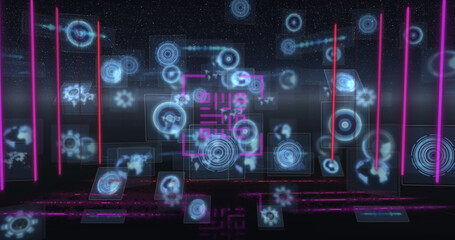 Obraz premium Image of neon qr code with lines over data processing and scope scanning on black background