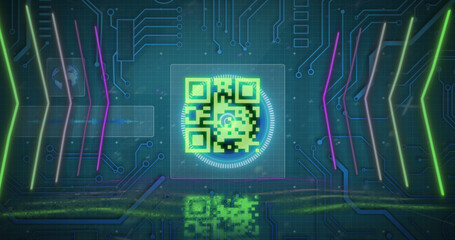 Image of qr code over circles with arrows against circuit board pattern and globe