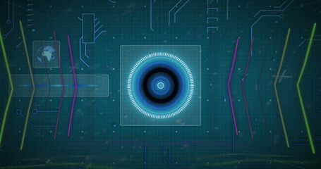 Image of qr code over circles with arrows against circuit board pattern and globe