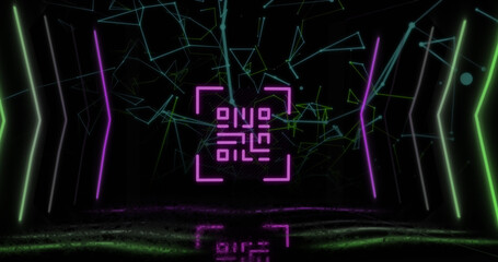 Image of qr code over neon shapes and networks of connections on black background