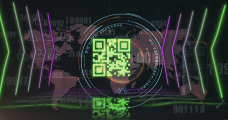 Image of qr code over neon shapes and scope scanning on black background