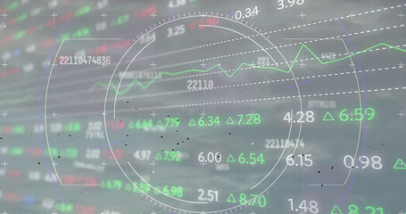 Multiple changing numbers and scope over stock market data processing against grey background