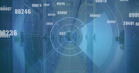 Obraz premium Image of scope scanning and data processing over stock market