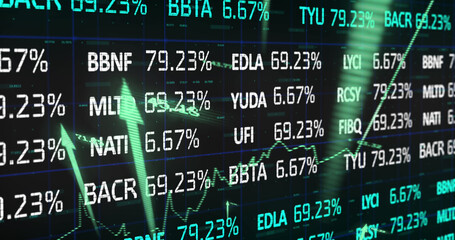 Fototapeta premium Image of stock market with graph and arrows on black background