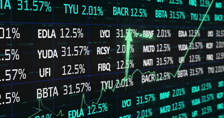 Image of stock market with graph and arrows on black background
