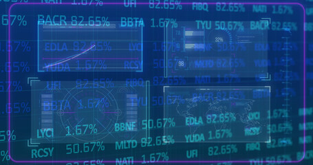 Image of stock market over data processing on blue background