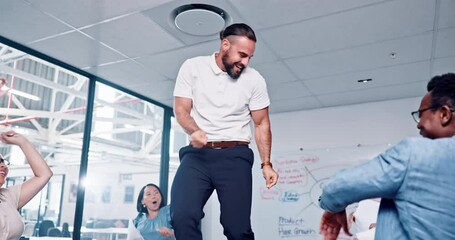 Dance, meeting celebration or happy business people celebrate sales goals, achievement or success. Team building, diversity or corporate group dancing on table, party and excited for financial profit