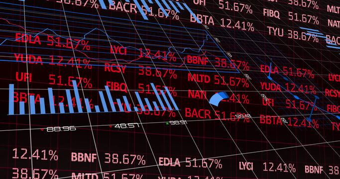 Image of statistics and data processing over stock market on black background