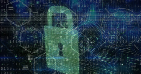 Image of data processing, binary code and digital padlock over blue and black background