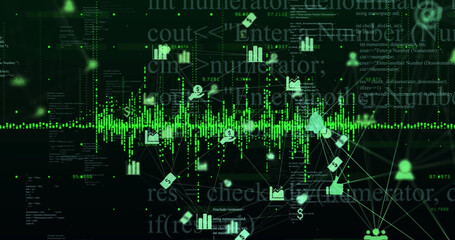 Image of business icons over data processing