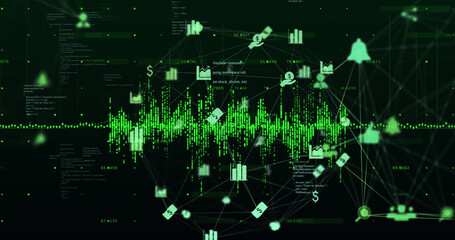 Image of business icons over data processing