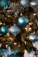 Close-up of Colorful Christmas Tree with Ornaments and lights