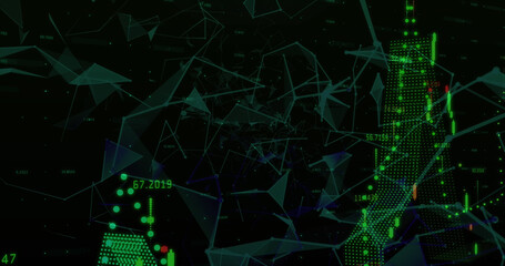 Security padlock shield icon over network of connections against financial market data processing