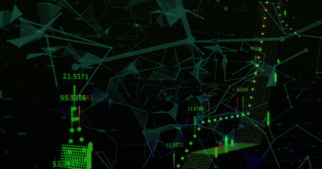 Security padlock shield icon over network of connections against financial market data processing