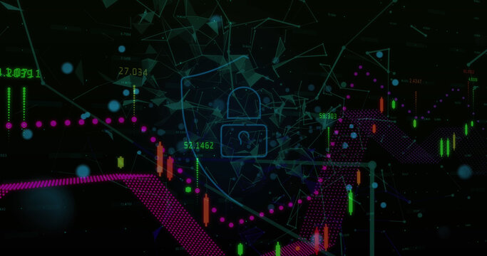 Security padlock shield icon over network of connections against financial market data processing