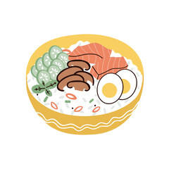 rice with salmon, mushrooms and egg. hand drawn vector illustration in flat style