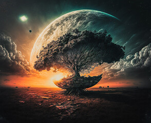 Dramatic cloudscape environment with a tree isolated on an island and a planet on the background - generative ai