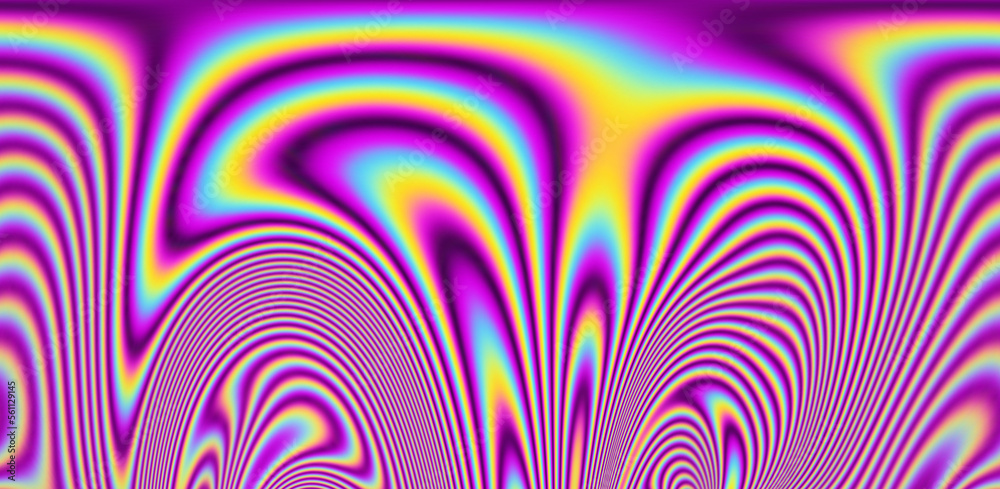 Poster Texture of a glitched and distorted TV screen. Wavy and distorted moire pattern in acid colors.