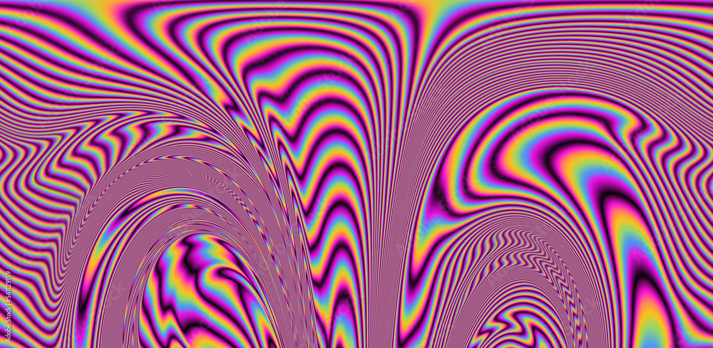 Poster Texture of a glitched and distorted TV screen. Wavy and distorted moire pattern in acid colors.