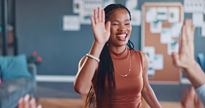 Success, high five and black woman in meeting after presentation for ideas, planning and strategy in office. Collaboration, partnership and hands of employees applause, cheer and support leadership