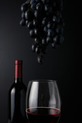 red wine with grape on dark background