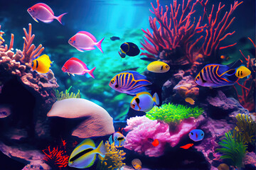 Colorful Undersea Coral Reef - Natural beauty with coral reef growing underwater. Oceanic blue water in the background and colorful fish by Generative AI