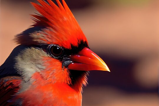 closeup portrait of a vibrant cardinal bird flying in the wilderness. Bright and colorful, vivid macros image created with Generative AI