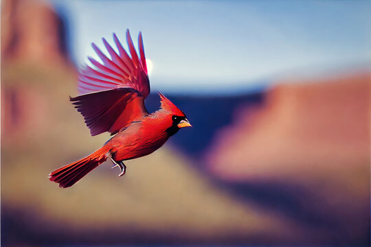 A vibrant cardinal bird flying in the wilderness. Bright and colorful, vivid macros image created with Generative AI