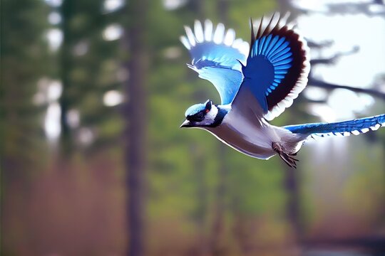 A vibrant blue jay bird flying in the wilderness. Bright and colorful, vivid macros image created with Generative AI
