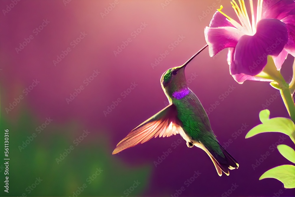 Wall mural A vibrant hummingbird drinking dew and nectar from inside an exotic flower. Bright and colorful, vivid macros image created with Generative AI