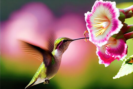 A vibrant hummingbird drinking dew and nectar from inside an exotic flower. Bright and colorful, vivid macros image created with Generative AI