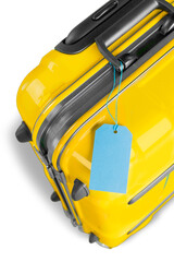 Colored travel suitcase with a blank tag. Travel concept