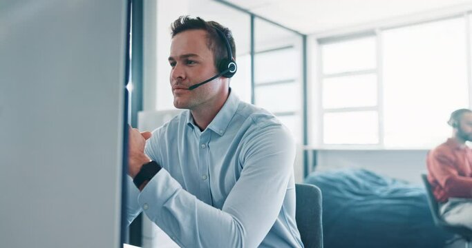 Call center, telemarketing and business man smile for communication, customer services and consulting. Telecom, technical support or ecommerce consultant, financial advisor agent or desktop employee